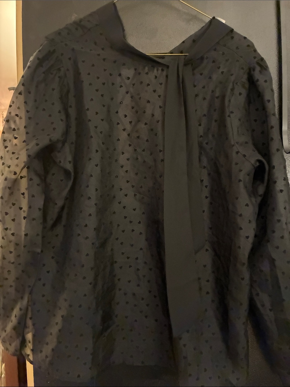 Cato Black Sheer Heart-Print Long Sleeve Tie-Neck Blouse L